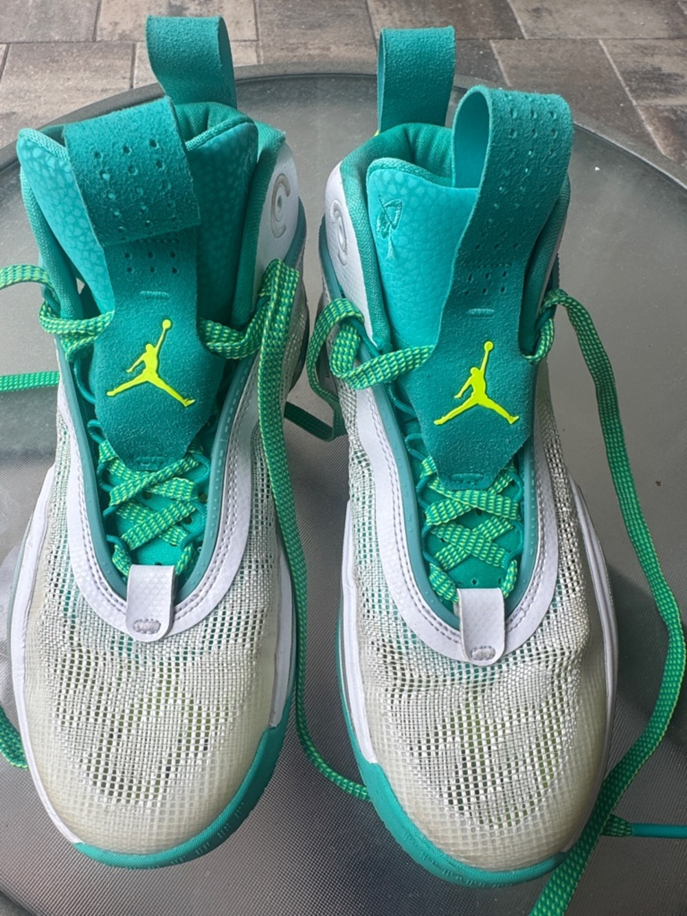 Youth Air Size 5.5 Jordan Kids Teal, White & Neon Yellow Basketball Sneakers